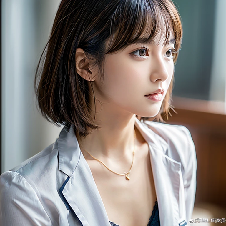 I&#39;is working、sexy、Inconspicuous、quiet、beautiful girl、Japanese、Beautiful breasts、Short Bob、suit、Round face、thin, Round glasses with silver rim、job hunting、Big Breasts,Ultra-Realistic Capture, Very detailed, High resolution 16K human skin close-up. Skin texture must be natural, So detailed that even pores can be distinguished. Skin looks healthier, In a uniform tone. Use natural light and color,(RAW Photos, highest quality), highest quality, Very detailed, masterpiece, Super detailed