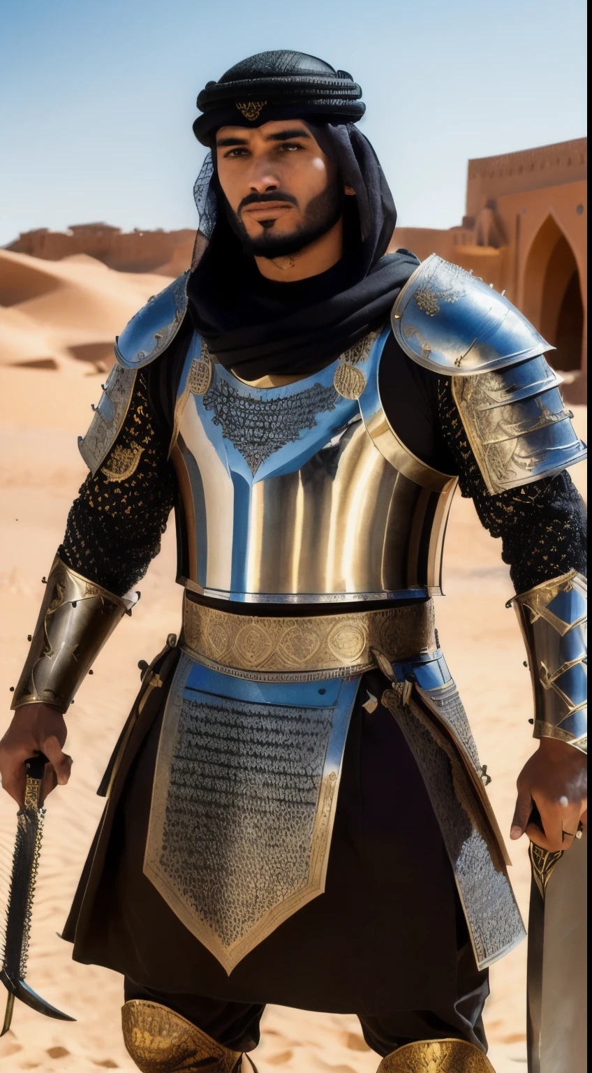 (masterpiece, 8K, UHD, photo-realistic:1.3), (Khalid ibn al-Walid:1.2), fierce look, ancient Arab battle armor, ornate details, chainmail and plate, (traditional Arab sword:1.4), gleaming under the desert sun, leading a charge of his warriors, faces determined, sand swirling, battlefield backdrop, piercing midday sun, dynamic angle, realistic style.