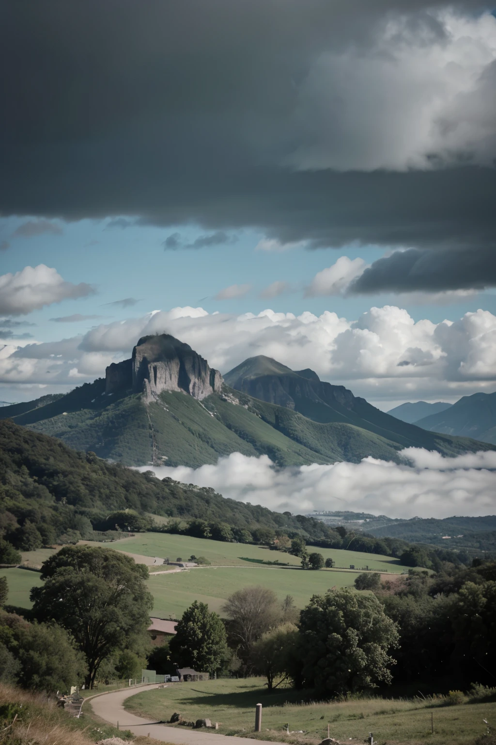 uma paisagem, with mountains in the background and a cloudy sky