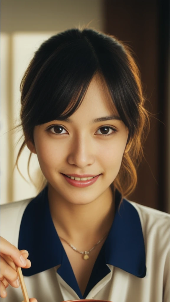 Arabian asian woman holding chopsticks and bowl with food, narumi kakinouchi, aoi ogata, kiyoko suzuki, Ayamin to whom, Yoshitomo Nara, Chiho ashima, Chiho, rinko kawaichi, nanae kawahara, yuuka kazami,Photorealistic