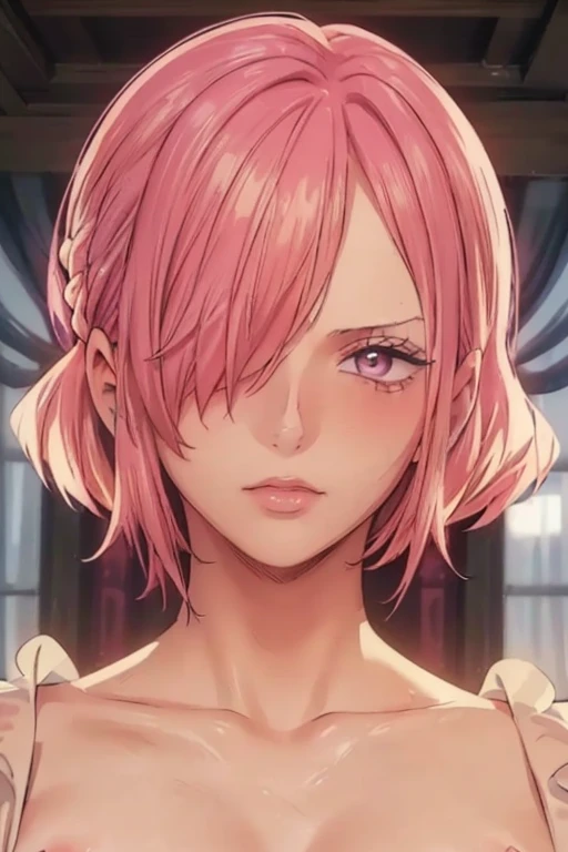 (((masterpiece))), (((best quality))), ((ultra-detailed)), (highly detailed CG illustration), vinsmoke reiju, , (masterpiece:1.5), Detailed Photo, Sexy, (Best Quality: 1.4), (1girl), Beautiful Face, (Pink Hair, short Hair: 1.3), Beautiful Hairstyle, beautiful detail eyes, (realistic skin), beautiful skin, absurd, attractive, ultra high resolution, high definition, (sexually aroused:1.5), Pinkish white skin, cool white light, sexy pose, Beautiful , white background, pink soft white light, Wear a white tank top and white underwear, (Hair covering right eye:1.5), 