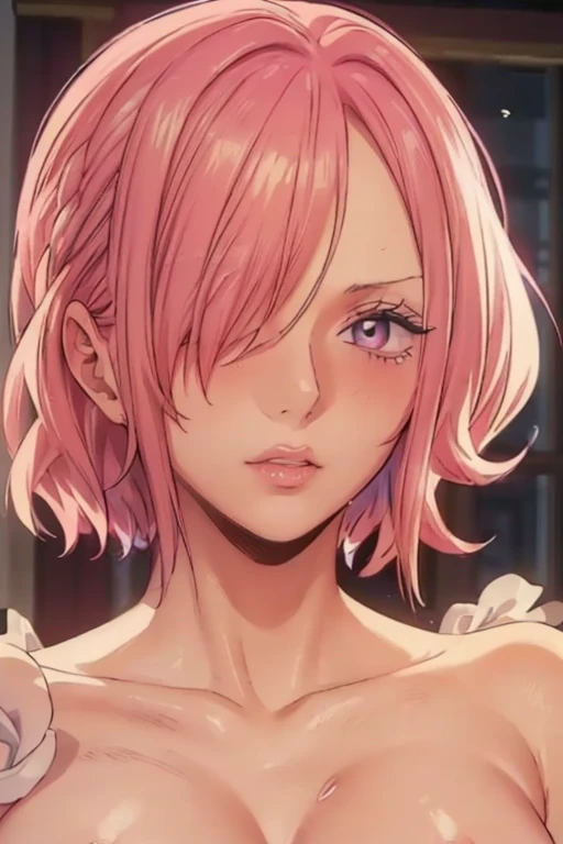 (((masterpiece))), (((best quality))), ((ultra-detailed)), (highly detailed CG illustration), vinsmoke reiju, (nsfw:1.4), (masterpiece:1.5), Detailed Photo, Sexy, (Best Quality: 1.4), (1girl), Beautiful Face, (Pink Hair, short Hair: 1.3), Beautiful Hairstyle, beautiful detail eyes, (realistic skin), beautiful skin, absurd, attractive, ultra high resolution, high definition, (sexually aroused:1.5), Pinkish white skin, cool white light, sexy pose, Beautiful , white background, pink soft white light, Wear a white dress, (Hair covering right eye: 1.5), incoming face, kissing camera