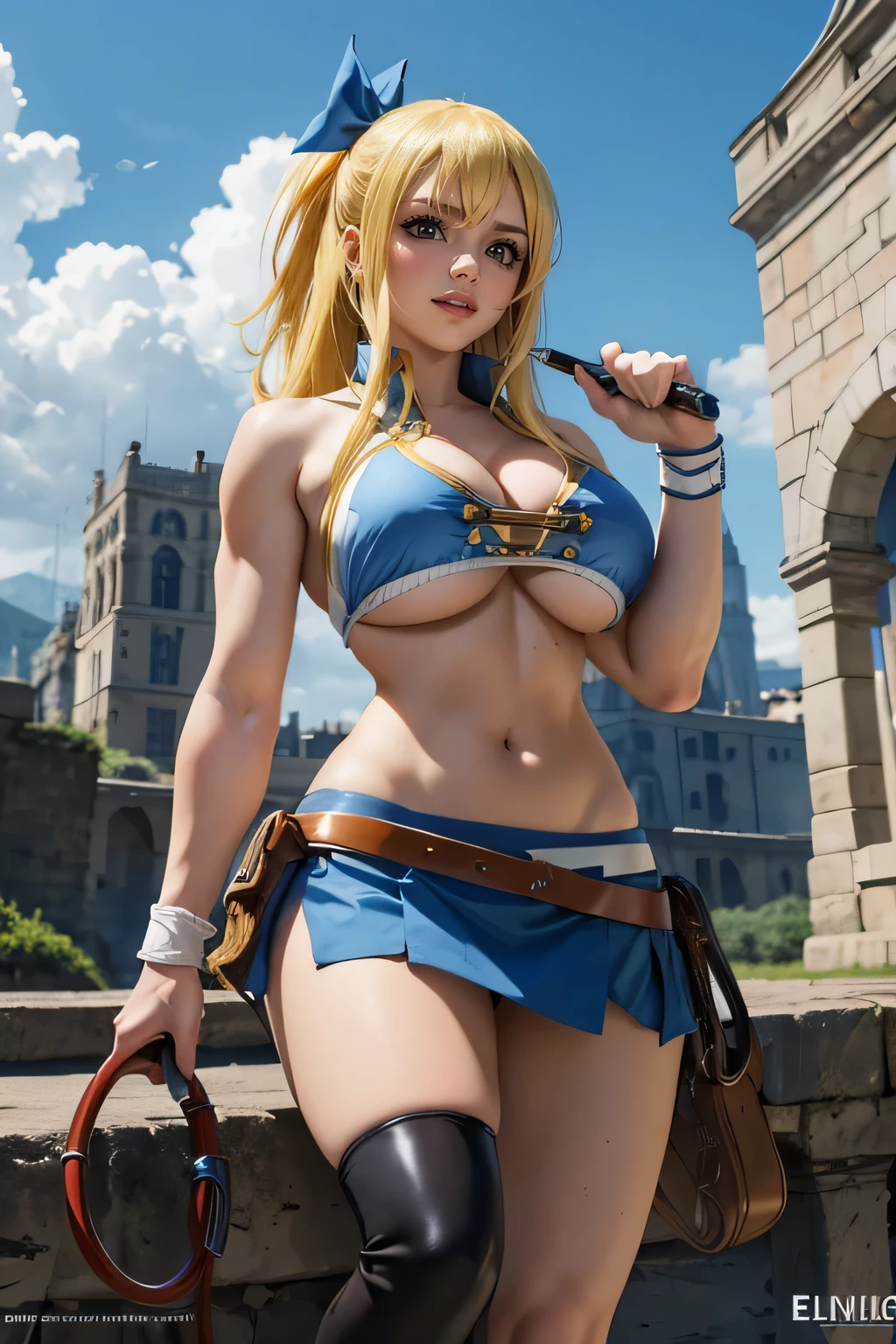 (Best quality,4k,8K,a high resolution,masterpiece:1.2),Hisui E. Fiore - Fairy Tail, detailed,sexual),((cute expression)),blue ribbon,(blonde),(Grey eyes),(blue shirt),(with gold buttons),(closed abdomen),white mini skirt,whip on the belt,Wellingtons,market,(leb baguette in hand),(standing)full length, ((big tits:1.2)),market square,market торговля,determination in her eyes,(Best quality,4k,8K,a high resolution,masterpiece:1.2),realistic,ultra detailed,sexual,Cute expression,costs,dynamic pose, bread in hands,power and authority,fatal blows and parries,strong female protagonist,determination in her eyes,confident and fearless,scenic lighting sun Bright colors,muscular build,slim and fit figure,epic fantasy work, sexual and fearless,scenic lighting sunny day,Bright colors,muscular build,slim and fit figure,epic fantasy work, sexual