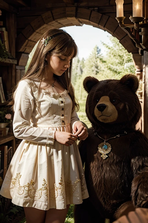 Illustration of a fairy tale about a girl, who is friends with the bear