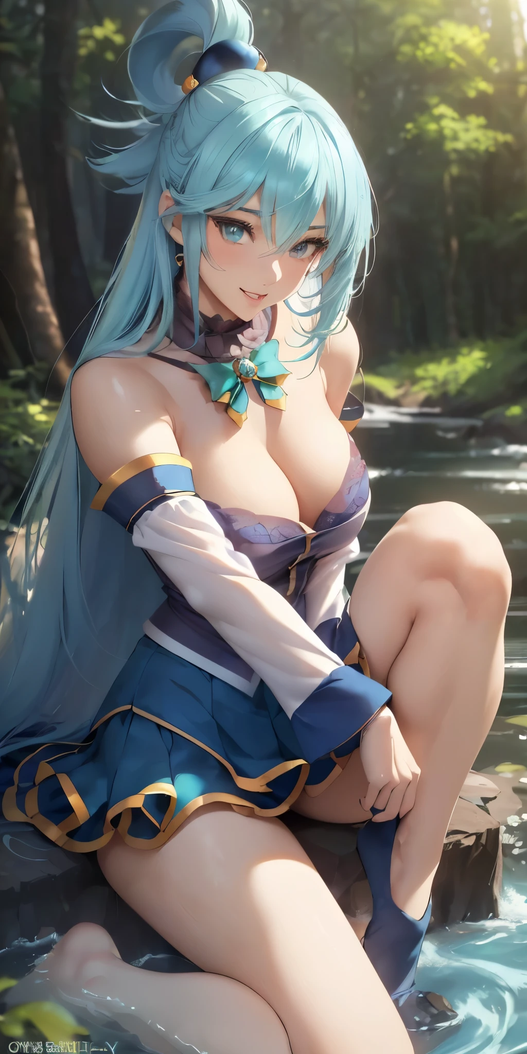 medium and round breasts, she is a beautiful woman ((Aqua beautiful and sensual)), (blue hair, tied in a clip and straight), Double eyelids, blue eyes, Clear and detailed, hyper detailed, light effect on the eyes, iriodia detailed, ((cool long sleeve blouse, delicate and elegant microskirt with details, beautiful and cool)), neckline, ((work of art, hyper-realistic, hyper detailed, best quality, 16K, light and shadow on the skin, detailed colors )), eyeliner, thin eyebrow, perfect lips, innocent and sexy face, ((skin with light and shadow), beautifully seductive and embarrassed woman, passionate expression, attractive smile ((Aqua is a beautiful woman with perfect body, the color of her skin is beautiful)), flirting with the viewer, beautiful, charming, ((in a forest, trees, stream)), (body tilt) ((open leg pose, right leg raised up in shape)) ( (highlight the protruding body, leg slightly raised))
