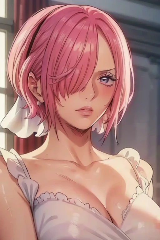 (((masterpiece))), (((best quality))), ((ultra-detailed)), (highly detailed CG illustration), vinsmoke reiju, (nsfw:1.4), (masterpiece:1.5), Detailed Photo, Sexy, (Best Quality: 1.4), (1girl), Beautiful Face, (Pink Hair, short Hair: 1.3), Beautiful Hairstyle, beautiful detail eyes, (realistic skin), beautiful skin, absurd, attractive, ultra high resolution, high definition, (sexually aroused:1.5), Pinkish white skin, cool white light, sexy pose, Beautiful , white background, pink soft white light, Wear a white dress, (Hair covering right eye: 1.5), incoming face, kissing camera