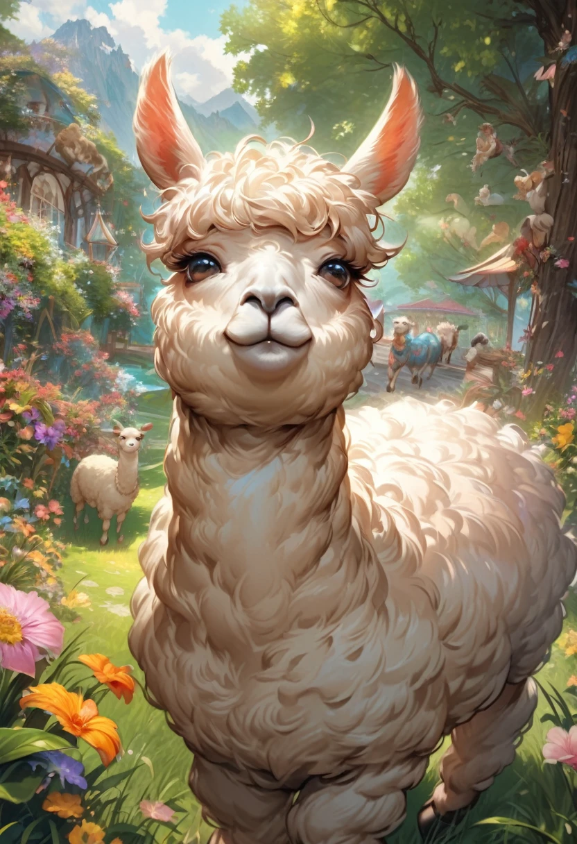 An Alpaca, aesthetic, (high quality,realistic,vivid colors,professional,bokeh:1.2),an alpaca in a beautiful garden,playful alpaca,soft and fluffy fur,curious alpaca exploring the surroundings,expressive eyes and adorable snout,natural landscape with vibrant flowers,bright sunshine illuminating the scene,green grass and tall trees swaying in the breeze,captivating colors and intricate details,joyful and carefree atmosphere,delightful interaction between the alpaca and its surroundings,playful alpaca jumping and frolicking,an alpaca eating grass on a sunny day,a mischievous alpaca winking at the viewer,cheerful and happy alpaca,peaceful and serene ambiance,scenic view with mountains in the background,contrasting textures of the alpaca's wool and the surrounding environment,beautifully composed image capturing the alpaca's charm and whimsy,an alpaca standing on its hind legs,curled eyelashes framing the alpaca's bright eyes,a gentle breeze rustling through the alpaca's fur,create a unique and captivating piece of art.