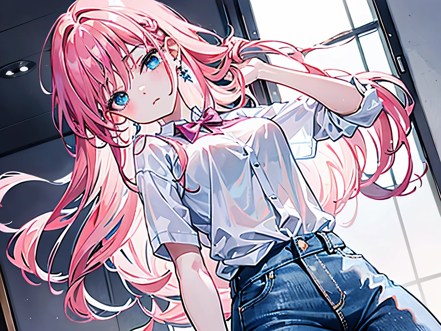 4K image of a young woman with pink hair, 17 years old, medium breasts, blue eyes, long hair in a braid, tied in a bow on the left...,, wearing a wet white shirt. Long jeans, wearing earrings, lifting up his shirt to reveal a black undergarment, with a disgusted expression on his face. Naked pictures 18+
