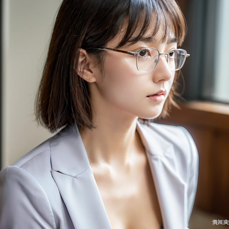 I&#39;is working、sexy、Inconspicuous、quiet、beautiful girl、Japanese、Beautiful breasts、Short Bob、suit、Round face、thin, Round glasses with silver rim、job hunting、Big Breasts,Ultra-Realistic Capture, Very detailed, High resolution 16K human skin close-up. Skin texture must be natural, So detailed that even pores can be distinguished. Skin looks healthier, In a uniform tone. Use natural light and color,(RAW Photos, highest quality), highest quality, Very detailed, masterpiece, Super detailed