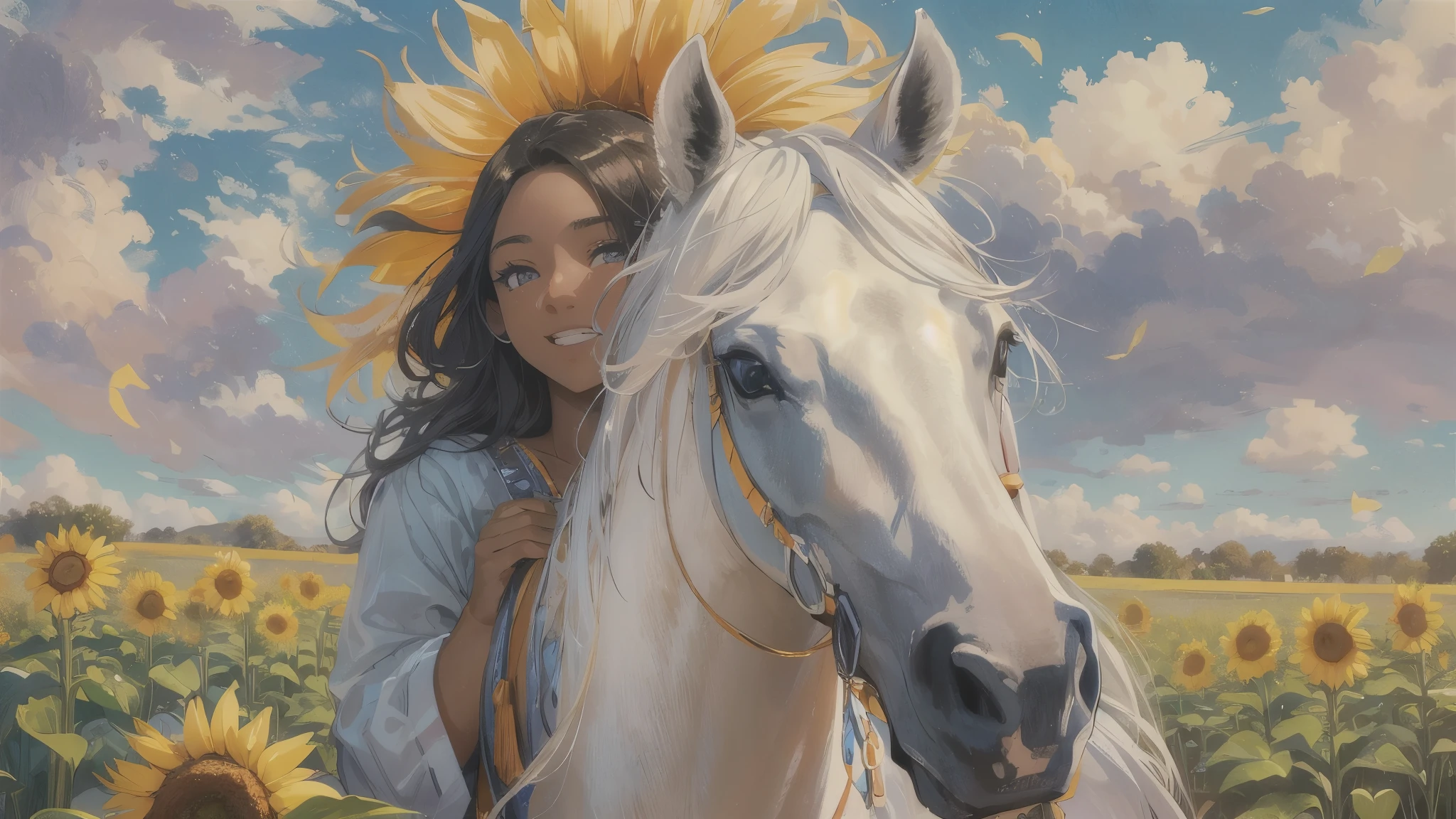 (best quality, highres, realistic), black girl, white horse, sunflower field, beautiful detailed eyes, flowing hair, vibrant colors, joyful expression, galloping horse, golden sunlight, soft shadows, picturesque landscape, oil painting style, realistic textures, detailed grass and flowers, clear blue sky, summer breeze.