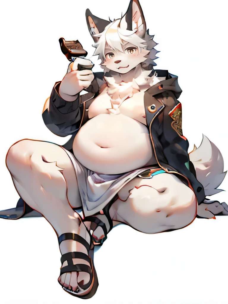 Fat White Wolf Boy，Showing a round fat belly，limb obesity，Fat body，Two Legs，Two arms，White loincloth，Black open coat，Chinese culture，Flat sandals，Eat chocolate，Sit cross-legged
