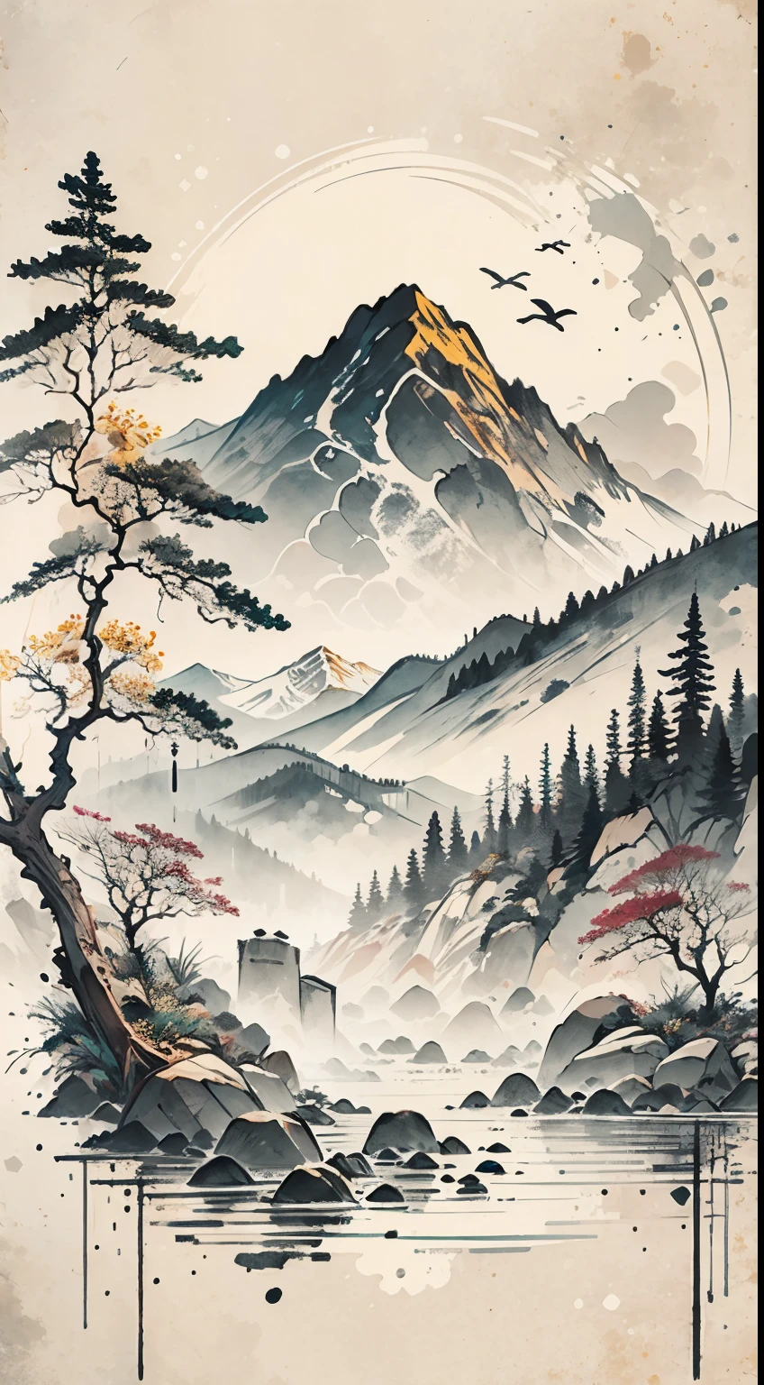 (Obra maestra, mejor calidad: 1.2), (No_humanos), mountains in the distance, pintura tradicional china en tinta, casas, tombstones, prados