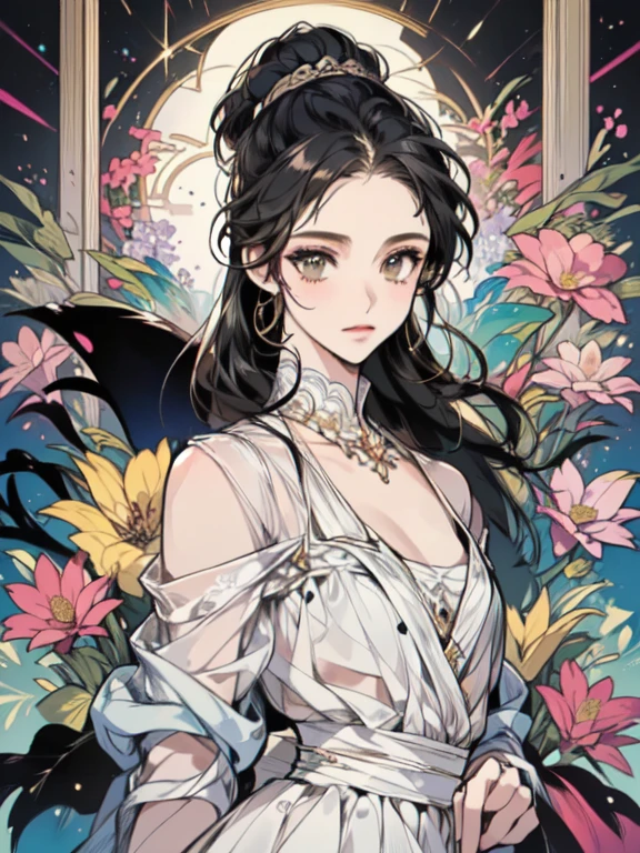 Beautiful woman, black hair, Green eyes, fine and seductive eye, With a fine gala dress, With a pearl choker, With a glass of wine, at night, in a luxurious place