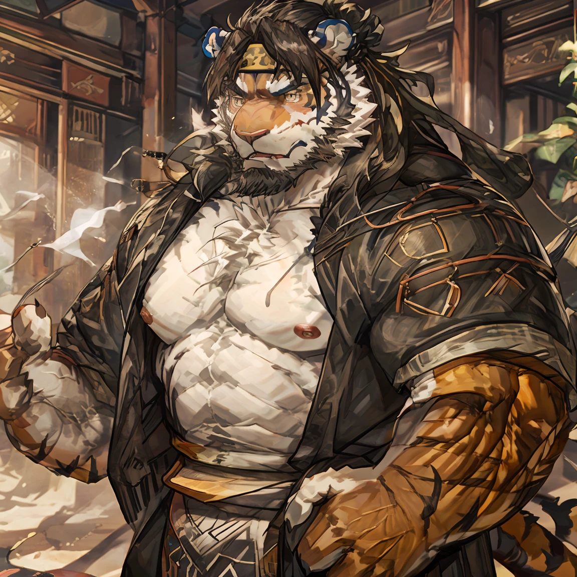 Masterpiece,Best quality,1boys,(Huai_Tianpei),Solo,Muscular male,hi，It's nothing,8K HD,Extreme detail,Detailed background,Masterpiece,Muscular,muscular anthro,aged up,view the viewer,hair-bun,Beard,Sideburns,Open clothes,Chinese clothes,Claws,Thick eyebrows,Orange body,Facial hair,Tiger tail,Brown hair,Headband,Tiger ears,Tiger Boy,Medium hair,Upper body,Character&#39;s clothes are disheveled, The character&#39;s upper body is half-undressed, The upper body clothes are taken off to expose the chest muscles, Sweating all over the body, steam, muscular, Tiger furry, The lower body is only wearing a Japanese loincloth, The loincloth is soaked with sweat, The penis is barely visible, Nipple analysis of milk, Erection of nipples, nipple play, male lactation, lactating, The expression was in a trance, pout, nosebleed, annoyed, shy, blush, embarrassed, drunk, frown, saliva, tongue, open mouth, tongue out, serious, tearing up, jitome, expressions, unconscious, bright pupils, heavy breathing, moaning, full blush, torogao, saliva trail, skin fang, fang, fang out, light blush, excited, nose blush, teeth, anger vein, confused, frustrated, panicking, sulking, thinking, pensive, oral invitation, anime, anime style, anatomically correct, UHD, masterpiece, ccurate, super detail, high details, high quality, award winning, best quality, highres, 1080P, HD, 8k，No nsfw content, No excessively explicit content allowed, Can be shown, Will not be blocked, Completely safe for work, sfw, No overly erotic elements, Implicit Sexuality, homo, In a way that will not be blocked，no nsfw，ok to show，no nsfw，no not safe for work，Non-offensive pornographic content presented in a way that will not be blocked, Not too pornographic, Completely normal，Bare thighs, Full body image, Appear in the painting from head to toe, tachi-e, first-person view, cut-in，sfw，sfw