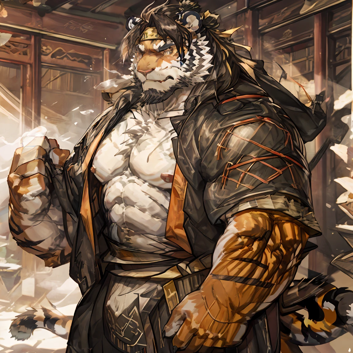 Masterpiece,Best quality,1boys,(Huai_Tianpei),Solo,Muscular male,hi，It's nothing,8K HD,Extreme detail,Detailed background,Masterpiece,Muscular,muscular anthro,aged up,view the viewer,hair-bun,Beard,Sideburns,Open clothes,Chinese clothes,Claws,Thick eyebrows,Orange body,Facial hair,Tiger tail,Brown hair,Headband,Tiger ears,Tiger Boy,Medium hair,Upper body,Character&#39;s clothes are disheveled, The character&#39;s upper body is half-undressed, The upper body clothes are taken off to expose the chest muscles, Sweating all over the body, steam, muscular, Tiger furry, The lower body is only wearing a Japanese loincloth, The loincloth is soaked with sweat, The penis is barely visible, Nipple analysis of milk, Erection of nipples, nipple play, male lactation, lactating, The expression was in a trance, pout, nosebleed, annoyed, shy, blush, embarrassed, drunk, frown, saliva, tongue, open mouth, tongue out, serious, tearing up, jitome, expressions, unconscious, bright pupils, heavy breathing, moaning, full blush, torogao, saliva trail, skin fang, fang, fang out, light blush, excited, nose blush, teeth, anger vein, confused, frustrated, panicking, sulking, thinking, pensive, oral invitation, anime, anime style, anatomically correct, UHD, masterpiece, ccurate, super detail, high details, high quality, award winning, best quality, highres, 1080P, HD, 8k，No nsfw content, No excessively explicit content allowed, Can be shown, Will not be blocked, Completely safe for work, sfw, No overly erotic elements, Implicit Sexuality, homo, In a way that will not be blocked，no nsfw，ok to show，no nsfw，no not safe for work，Non-offensive pornographic content presented in a way that will not be blocked, Not too pornographic, Completely normal，Bare thighs, Full body image, Appear in the painting from head to toe, tachi-e, first-person view, cut-in，sfw，sfw