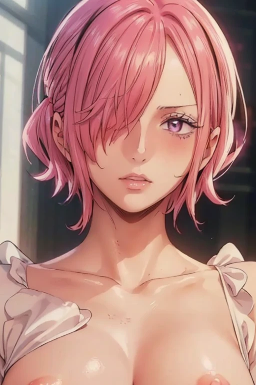 (((masterpiece))), (((best quality))), ((ultra-detailed)), (highly detailed CG illustration), vinsmoke reiju, (nsfw:1.4), (masterpiece:1.5), Detailed Photo, Sexy, (Best Quality: 1.4), (1girl), Beautiful Face, (Pink Hair, short Hair: 1.3), Beautiful Hairstyle, beautiful detail eyes, (realistic skin), beautiful skin, absurd, attractive, ultra high resolution, high definition, (sexually aroused:1.5), Pinkish white skin, cool white light, sexy pose, Beautiful , white background, pink soft white light, Wear a white dress, (Hair covering right eye: 1.5), 