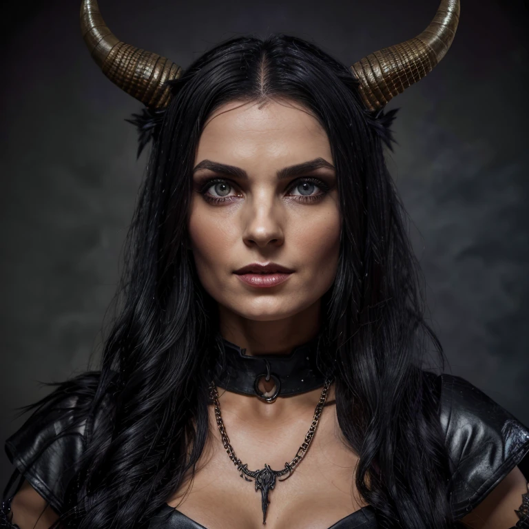 1 Demon woman with horns, black  long hair, ultra detailed face and eyes, hyperrealistic, realistic representation, 30 years old, dancing in hell, pretty face, her clothing is a long chain dress, wears high strap boots, in the background you can see demons, full body view 