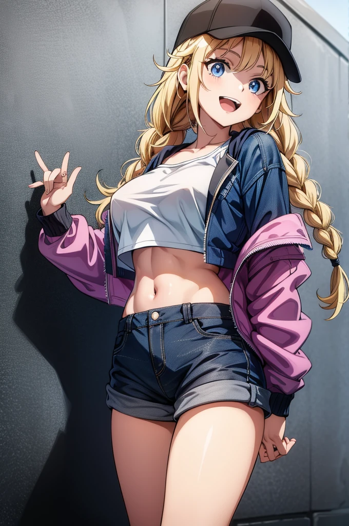 (((grayscale)))(masterpiece:1.2, best quality), (graffiti wall:1.15), 1lady, beanie, jacket, Leggings, blue eyes, fullbodyan anime female super hero posing with a baseball cap over her eyes, 1girl, solo, hat, shorts, blonde hair, twin braids, navel, crop top, denim shorts, jacket, breasts, smile, red eyes, open mouth, denim, shirt, braid, long hair, crop top overhang, white shirt, looking at viewer, midriff, baseball cap, short shorts, off shoulder, stomach, :d, open jacket, large breasts, black headwear, red jacket, cutoffs, open clothes, cowboy shot, thighs ,Eiko Tsukimi, blue eyes, braid, twin braids, blonde hair, semi long hair,