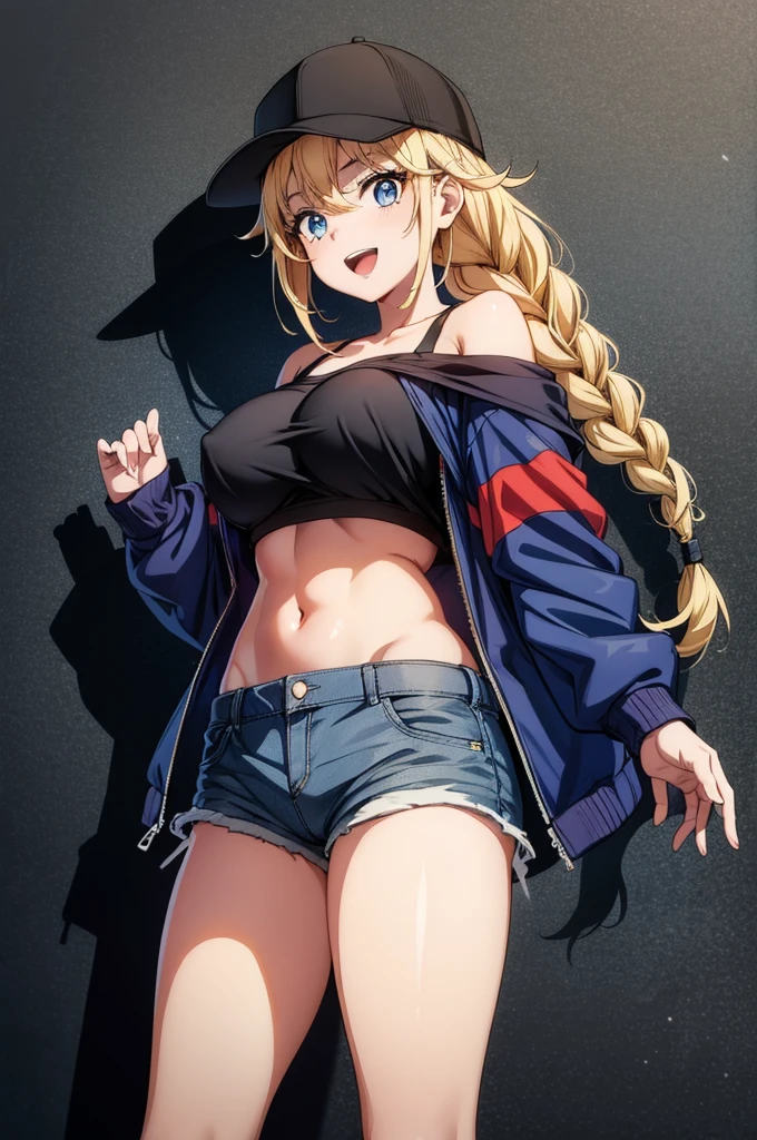 (((grayscale)))(masterpiece:1.2, best quality), (graffiti wall:1.15), 1lady, beanie, jacket, Leggings, blue eyes, fullbodyan anime female super hero posing with a baseball cap over her eyes, 1girl, solo, hat, shorts, blonde hair, twin braids, navel, crop top, denim shorts, jacket, breasts, smile, red eyes, open mouth, denim, shirt, braid, long hair, crop top overhang, white shirt, looking at viewer, midriff, baseball cap, short shorts, off shoulder, stomach, :d, open jacket, large breasts, black headwear, red jacket, cutoffs, open clothes, cowboy shot, thighs ,Eiko Tsukimi, blue eyes, braid, twin braids, blonde hair, semi long hair,