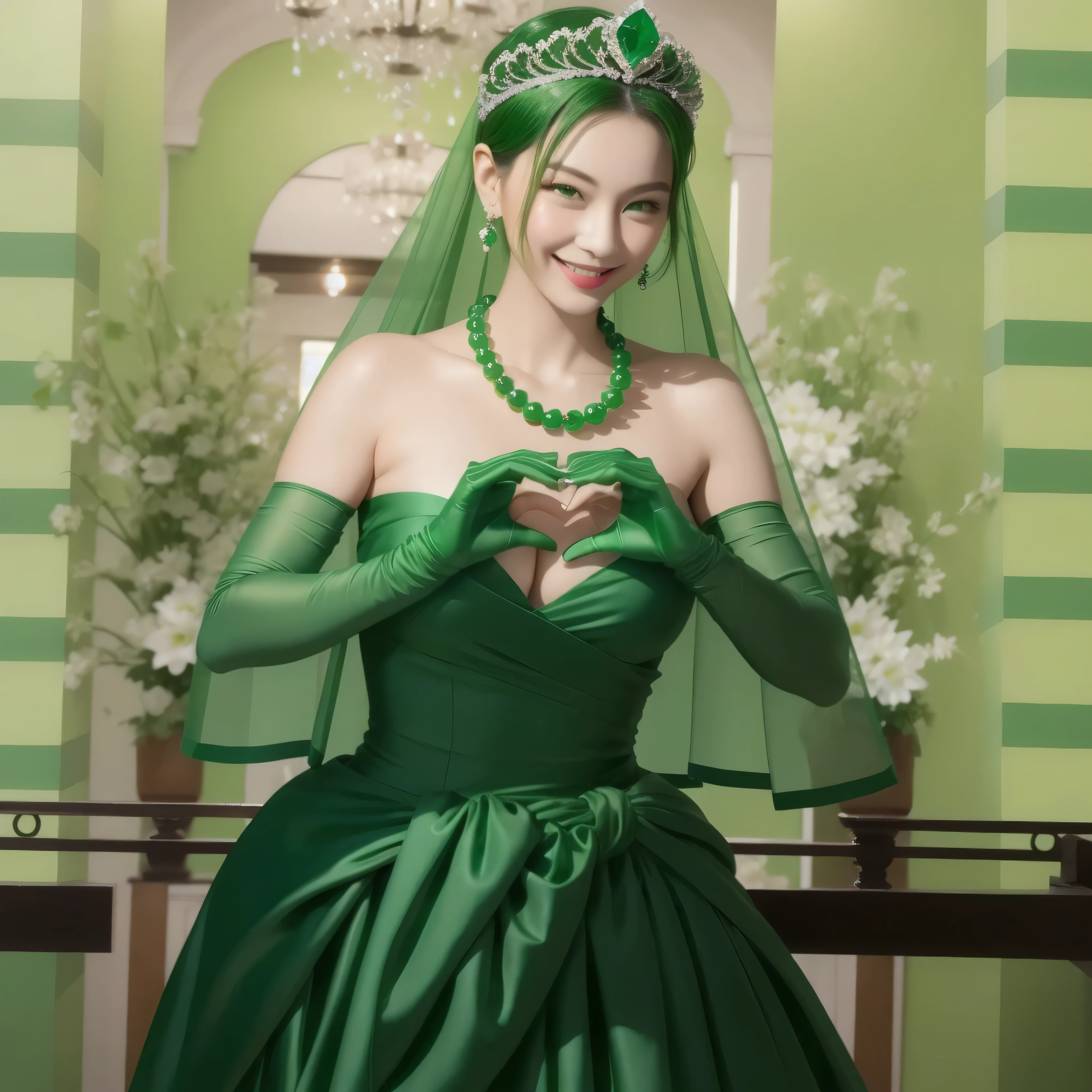 Emerald Tiara, green pearl necklace, boyish very short green hair, Green Lips, Smiling Japanese woman, very short hair, Beautiful woman with big breasts, green eyes, Green satin gloves, green eyes, emerald earrings, green veil, Heart with both hands, green hair, beautiful japanese woman, Heart shaped hands:1.3, green lip gloss