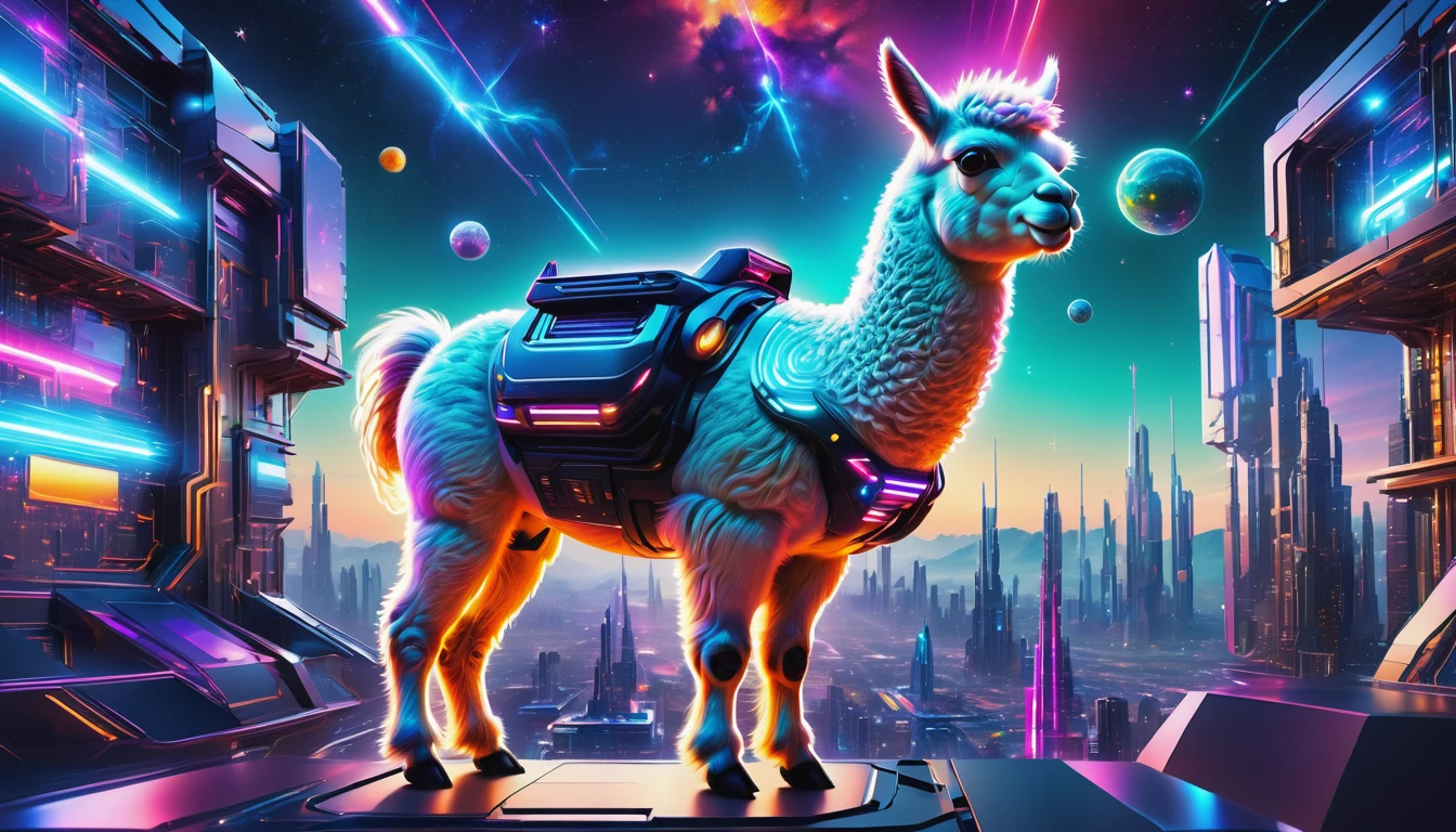 best quality,ultra-detailed,realistic,futuristic alpaca,3D rendering,neon colors,glowing eyes,metallic fur,glimmering horns,high-tech accessories,sci-fi landscape,nighttime cityscape,android alpaca,robotic features,virtual reality headset,laser lights,hovering in mid-air,futuristic architecture,advanced technology,sparkling stars,interstellar travel,cosmic atmosphere,luminous trails,exquisite details,digital art masterpiece,vivid colors,mesmerizing composition,dynamic pose,artificial intelligence,the future of alpacas,HDR lighting,highres artwork