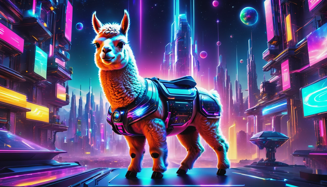 best quality,ultra-detailed,realistic,futuristic alpaca,3D rendering,neon colors,glowing eyes,metallic fur,glimmering horns,high-tech accessories,sci-fi landscape,nighttime cityscape,android alpaca,robotic features,virtual reality headset,laser lights,hovering in mid-air,futuristic architecture,advanced technology,sparkling stars,interstellar travel,cosmic atmosphere,luminous trails,exquisite details,digital art masterpiece,vivid colors,mesmerizing composition,dynamic pose,artificial intelligence,the future of alpacas,HDR lighting,highres artwork