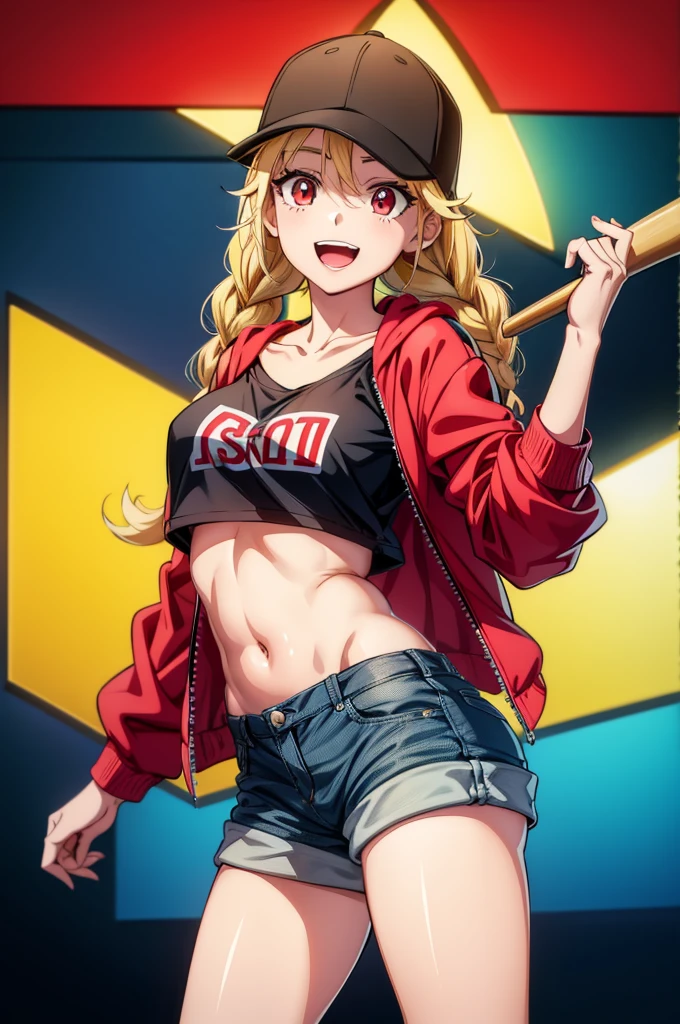 a female cartoon character posing with a baseball cap on and a pair of shorts on, 1girl, solo, blonde hair, hat, shorts, jacket, breasts, navel, twin braids, looking at viewer, open mouth, smile, braid, baseball cap, denim, denim shorts, black headwear, collarbone, red eyes, red jacket, crop top
