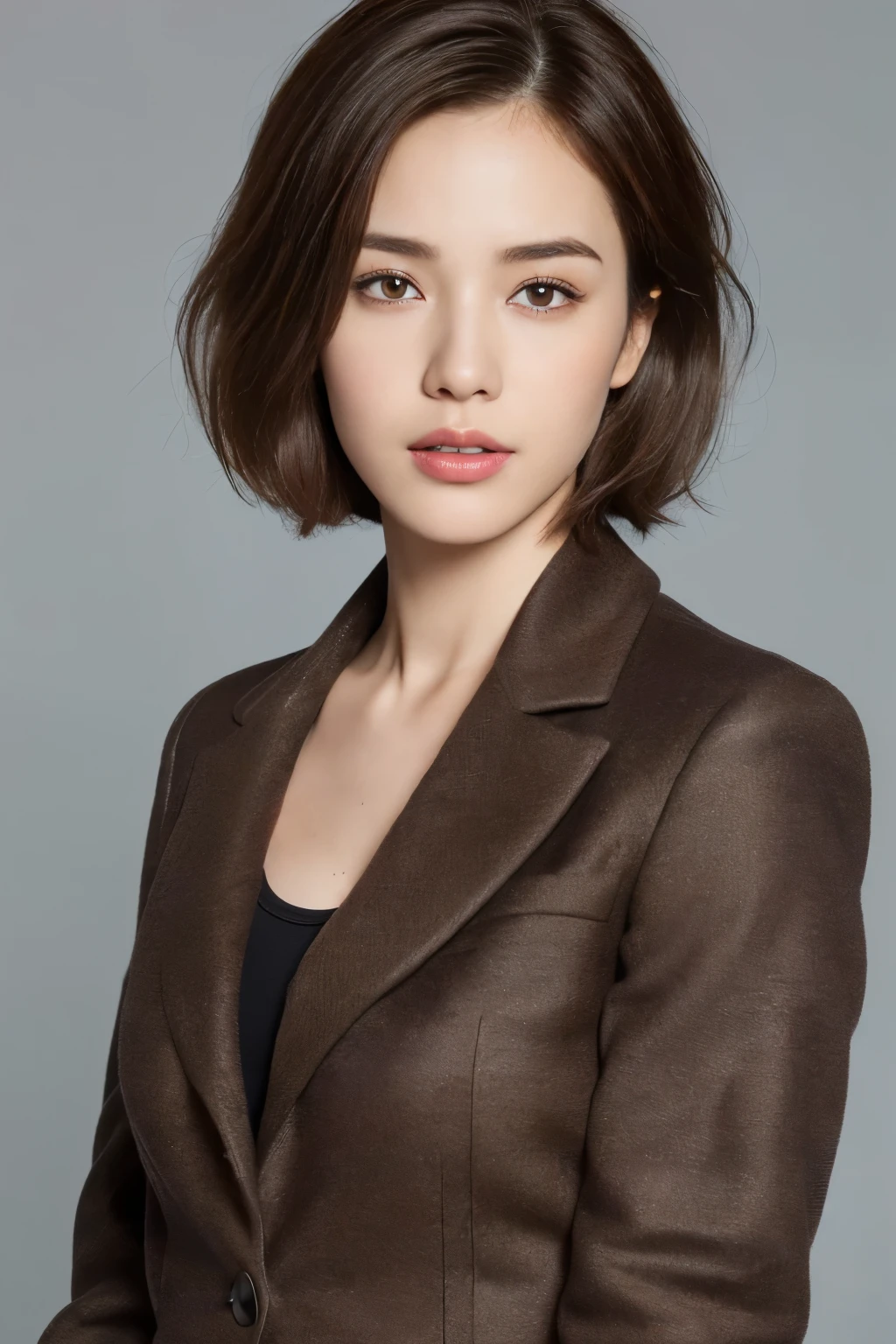 ((top-quality、8K、​masterpiece: 1.erfect Body Beauty: 1.4、Slender Abs: 1.2、Beautiful woman with slender abs:1.3、(Highlight Haircutreast B Cup:1.2), medium breast, round shape breast, perfect shape breast, (coat) necklace, hyperdetailed face、18year old、 Pretty women、(Dark brown short-cut hair), Slim Face、Highly detailed facial and skin texture、very detailed lips、opens legs、top-quality、​masterpiece、超A high resolution、(Photorealsitic:1.4),(()), As she confidently posing for camera, , studio light, gray background, full body