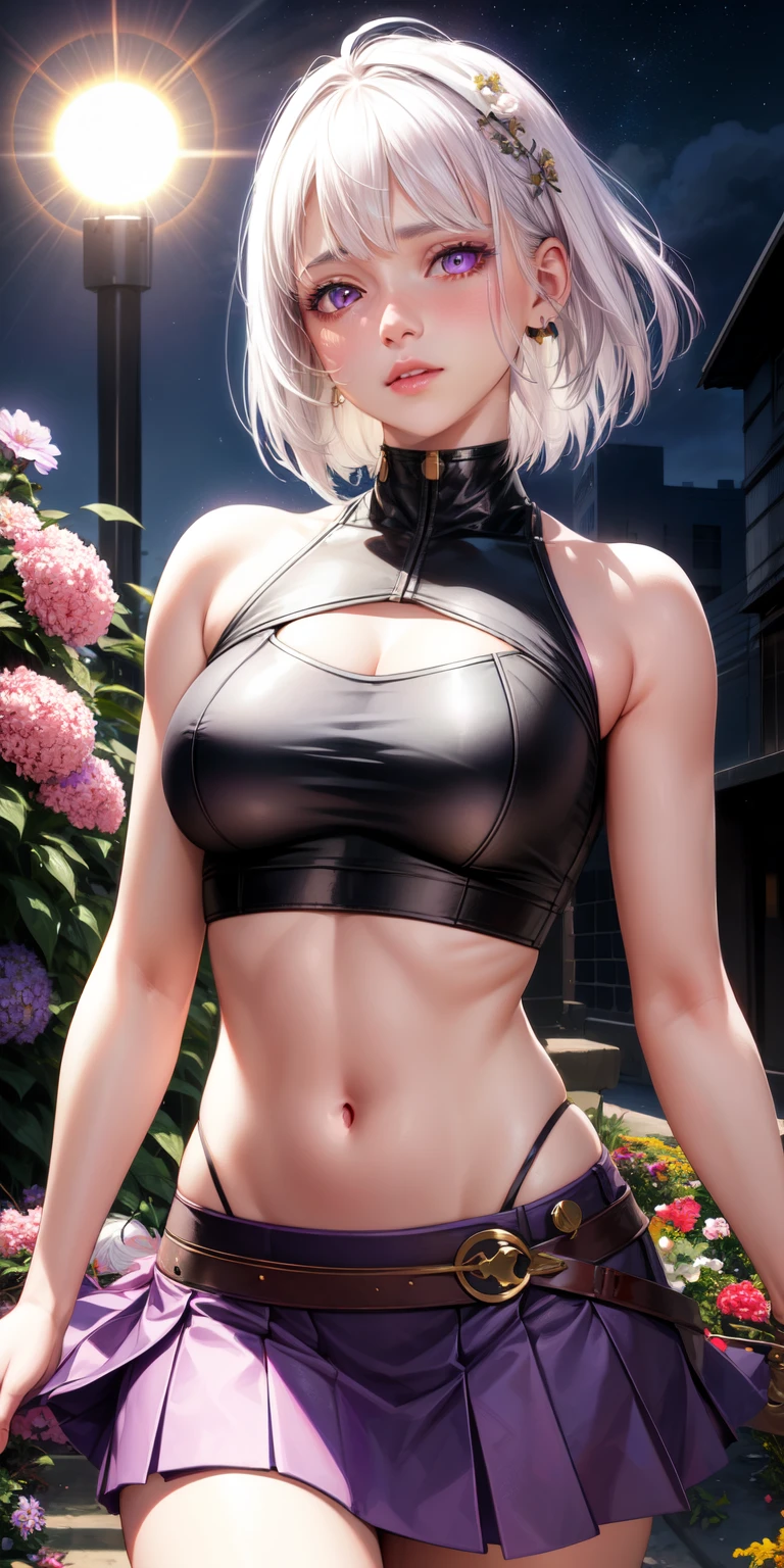 realistic, 1girl, white hair, purple eyes, glowing eyes, crop top, skirt, parted lips, blush, night, flowers, sun, sunlight