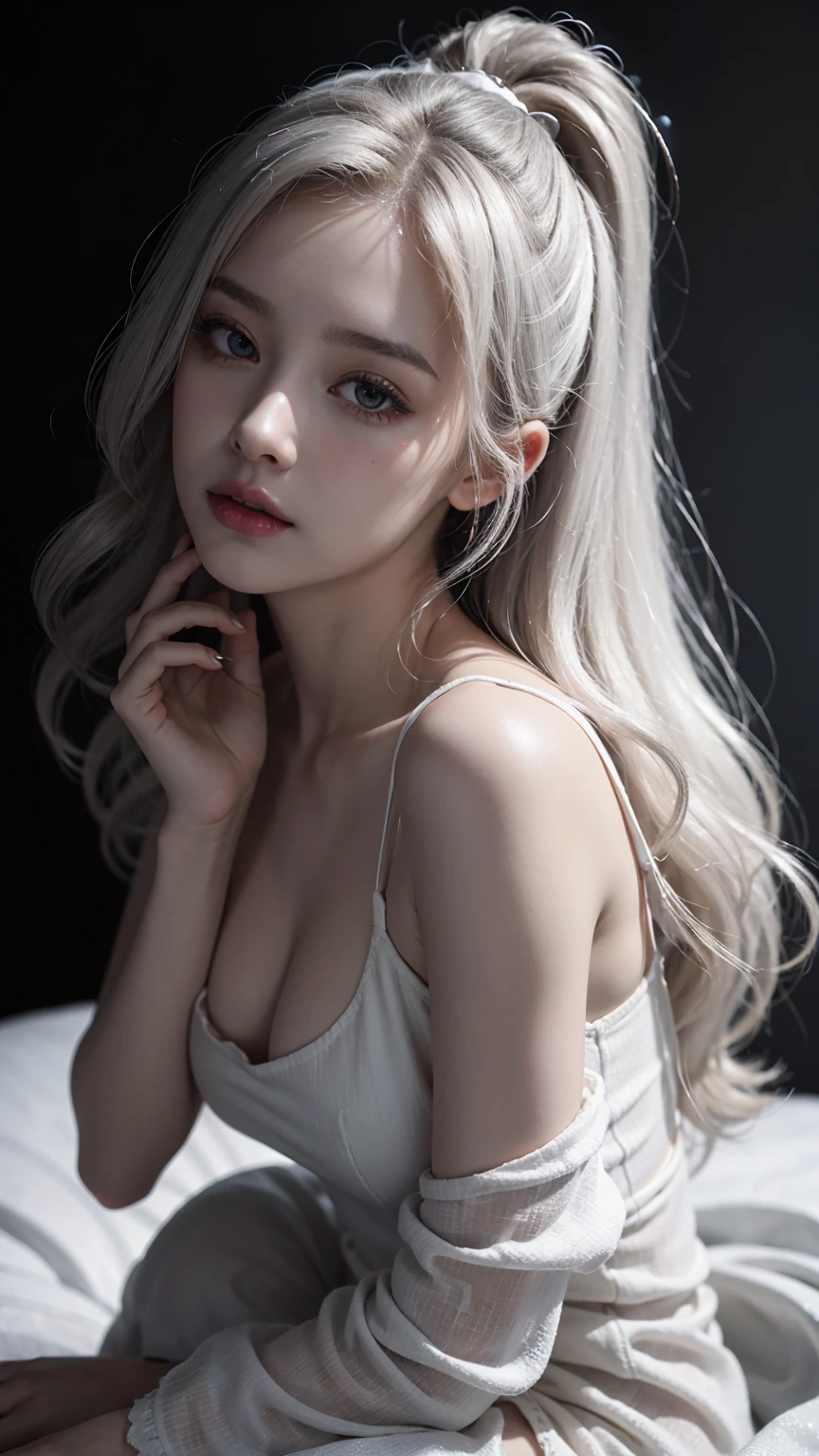 (RAW photo, best quality), (realistic, photo-realistic:1.3), very pale skin, Ultra Detailed Face, Detailed Lips, black lipstick, Fine Eyes, double eyelids, extremely delicate and beautiful, Amazing, finely detail, masterpiece, ultra-detailed, highres, best illustration, best shadow, intricate, depth of field, (closeup portrait of a young beautiful woman:1.2),long hair, ponytail, messy hair,((((low key,dark scene,dimly lit)))),(((soft lighting:1.4))),(pale skin:1.4),(shy smile),(cinematic angle),sharp focus, volumetric fog, 8k UHD, DSLR, high quality,( film grain:1.4), Fujifilm XT3,(looking at viewer), pale skin, ((masterpiece))、(((highest quality)))、photorealistic, Raw photography, An illustration、1 girl、Beautiful silver hair、white blond, Princess Cut、hair in eyes、Beautiful Eyes、Environmental Scene Change、Poses too、gorgeous princess dresagic、Shartaan Betarola、(Simple Background、Black background:1.3), depth of field, silky smooth skin, ultra realistic, extremely high resolution, highest detailed eyes and face, spot light, , adorable, Revealing clothing、White clothes、Wrinkled tank top、Bare Chest, sheer