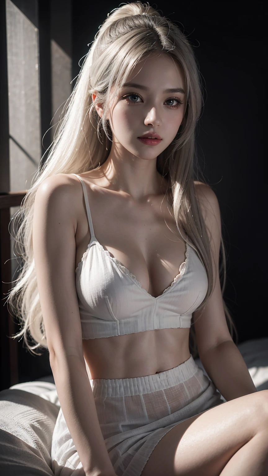 (RAW photo, best quality), (realistic, photo-realistic:1.3), very pale skin, Ultra Detailed Face, Detailed Lips, black lipstick, Fine Eyes, double eyelids, extremely delicate and beautiful, Amazing, finely detail, masterpiece, ultra-detailed, highres, best illustration, best shadow, intricate, depth of field, (closeup portrait of a young beautiful woman:1.2),long hair, ponytail, messy hair,((((low key,dark scene,dimly lit)))),(((soft lighting:1.4))),(pale skin:1.4),(shy smile),(cinematic angle),sharp focus, volumetric fog, 8k UHD, DSLR, high quality,( film grain:1.4), Fujifilm XT3,(looking at viewer), pale skin, ((masterpiece))、(((highest quality)))、photorealistic, Raw photography, An illustration、1 girl、Beautiful silver hair、white blond, Princess Cut、hair in eyes、Beautiful Eyes、Environmental Scene Change、Poses too、gorgeous princess dresagic、Shartaan Betarola、(Simple Background、Black background:1.3), depth of field, silky smooth skin, ultra realistic, extremely high resolution, highest detailed eyes and face, spot light, 14 year old, adorable, Revealing clothing、White clothes、Wrinkled tank top、Bare Chest, sheer