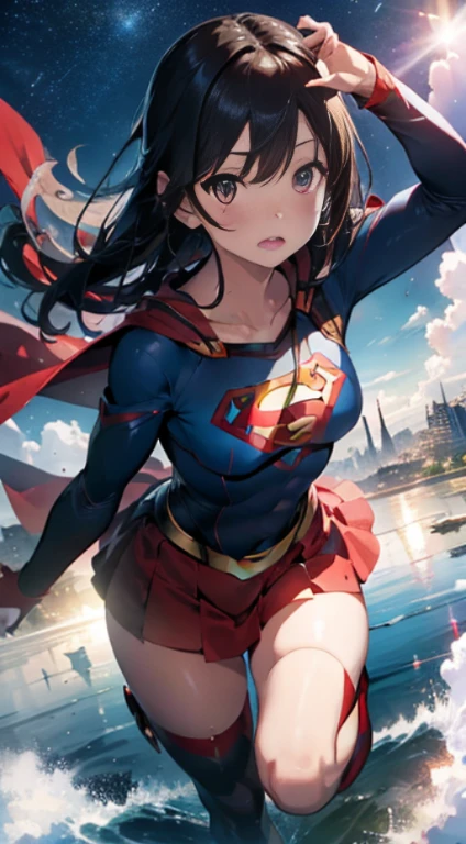 Two-dimensional painting style,Supergirl ,Image of a beautiful brunette woman with black eyes, hdr(HighDynamicRange), Ray traching, NVIDIA RTX, Hyper-Resolution, Unreal 5, Subsurface dispersion, PBR Texture, Post-processing, Anisotropy Filtering, depth of fieldaximum clarity and sharpnesany-Layer Textures, Albedo e mapas Speculares, Surface coloring, Accurate simulation of light-material interactions, perfectly proportions,rendering by octane,twotonelighting,largeaperture,Low ISO,White balance,trichotomy,8K raw data,The Superman S symbol is used on the chest,There are long and wide red cloaks,Wide red cloak,short red dress,the sky background,Supergirl flies in the sky。