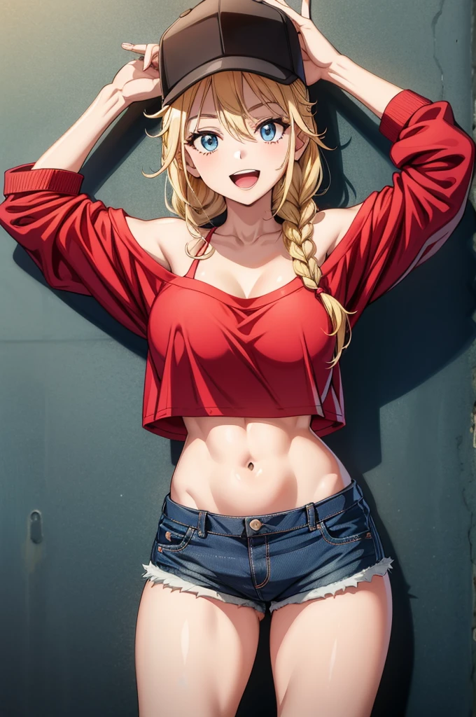 a blonde woman in a red bra and shorts with a baseball cap on posing next to a wall, 1girl, shorts, blonde hair, solo, hat, blue eyes, breasts, twin braids, braid, navel, smile, long hair, open mouth, denim, looking at viewer, baseball cap, large breasts, denim shorts, black headwear, jacket, crop top, short shorts, midriff, shirt, red shirt, abs, off shoulder, collarbone