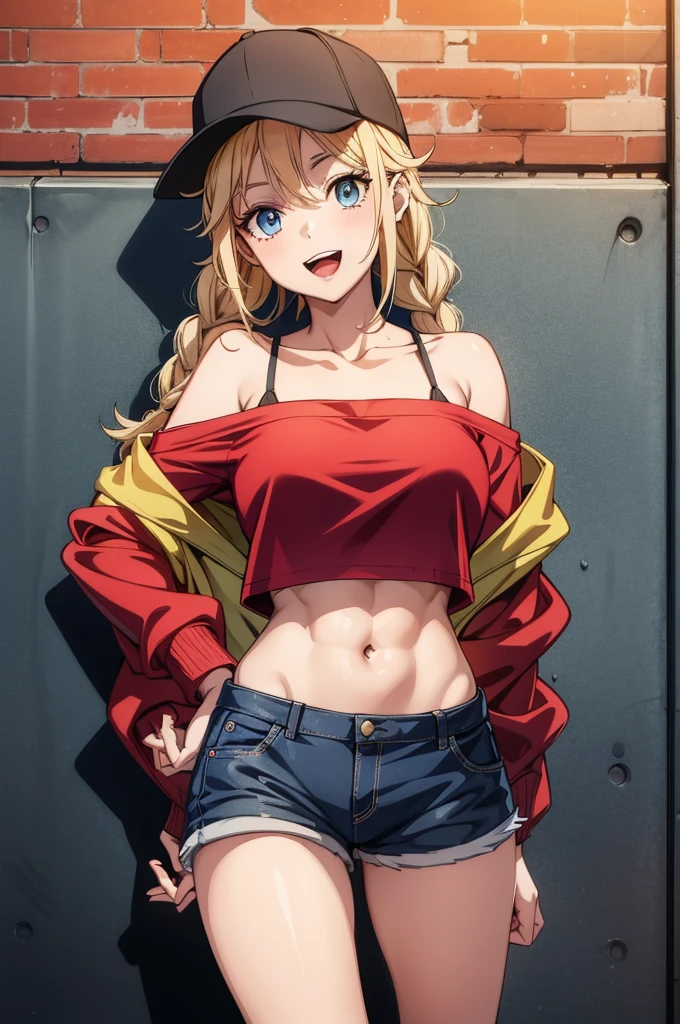 a blonde woman in a red bra and shorts with a baseball cap on posing next to a wall, 1girl, shorts, blonde hair, solo, hat, blue eyes, breasts, twin braids, braid, navel, smile, long hair, open mouth, denim, looking at viewer, baseball cap, large breasts, denim shorts, black headwear, jacket, crop top, short shorts, midriff, shirt, red shirt, abs, off shoulder, collarbone