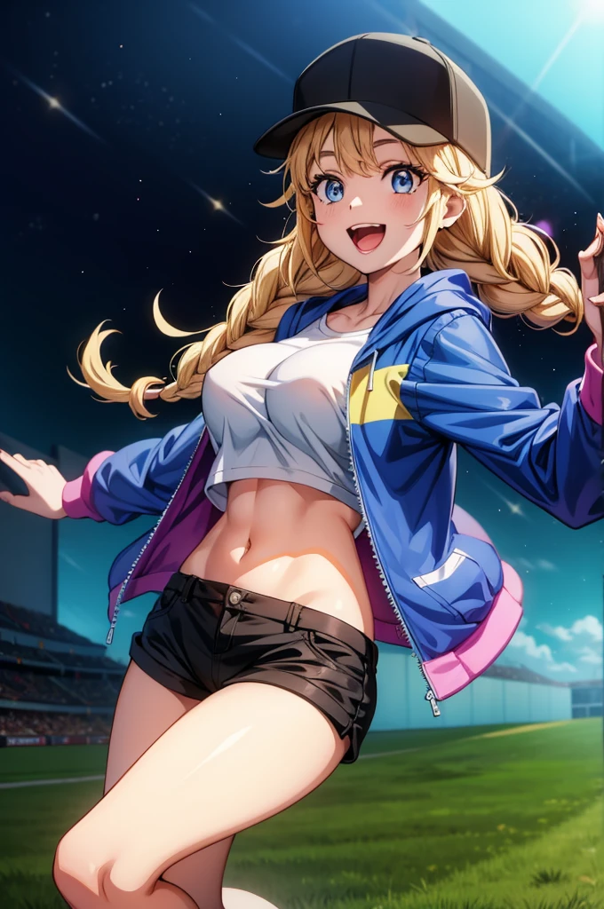 a cartoon character with big tits holding a baseball cap and wearing shorts and a jacket, 1girl, hat, breasts, solo, shorts, blue eyes, blonde hair, baseball cap, braid, long hair, large breasts, navel, twin braids, jacket, smile, open mouth, looking at viewer, crop top, short shorts, blue jacket, black shorts, shirt, midriff