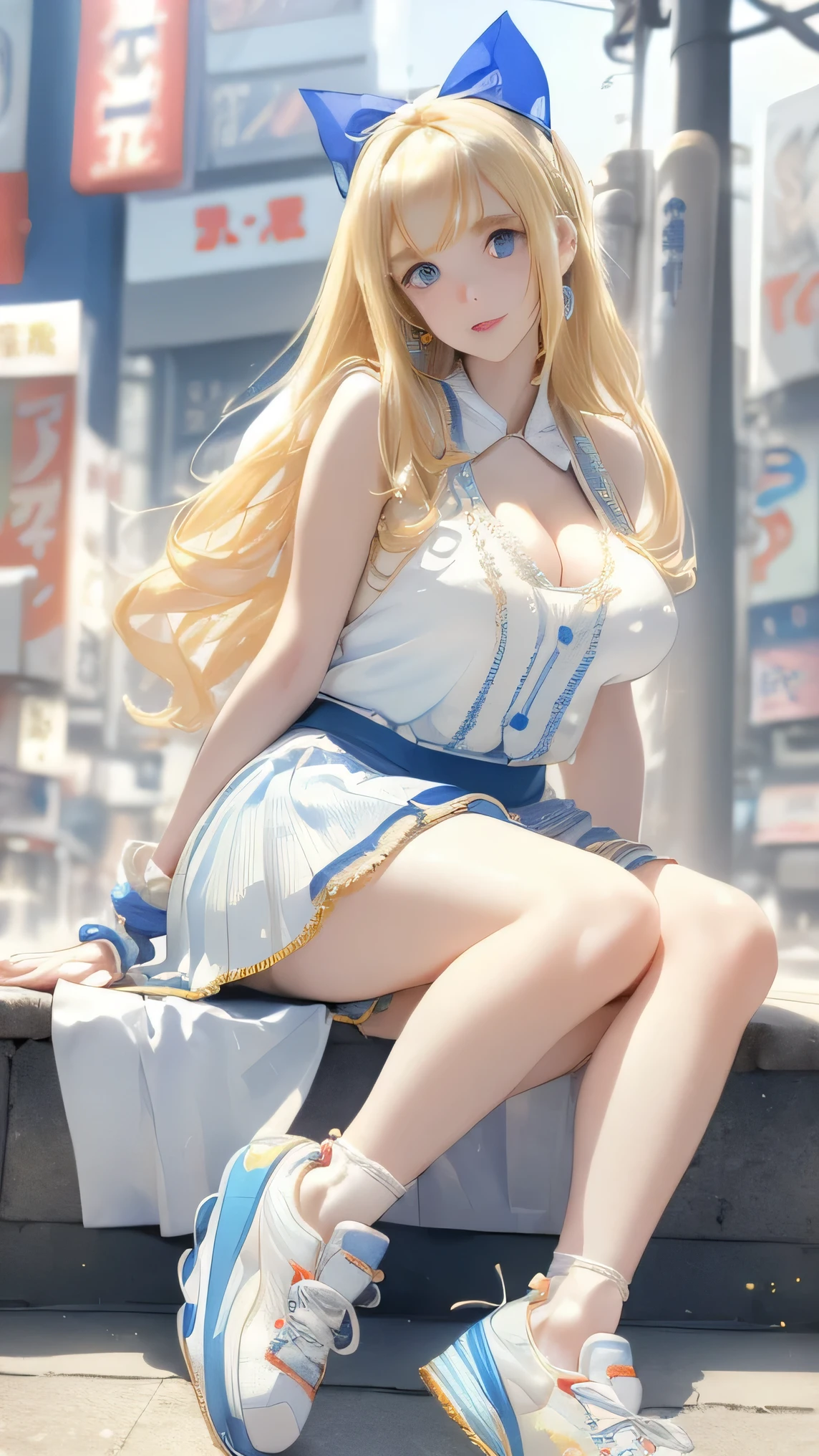 (((perfect face)))　(Middle school students)　blonde　long hair　(Bangs)　((((pale skin))))　blue eyes　Thighs　big ribbon　lapis lazuli　cute　cleavage　earrings　masterpiece　looking here　alone　upward glance　Shaking his head　face　upper body　upward glance　Ladylike　Thick Coating　best quality　(((gigantic breasts)))　(((Akihabara)))　(arms behind back)　(Smile)　pure gold　(((((sneakers)))))　mini skirt　White blouse　(Maid)　(Thick Coating)