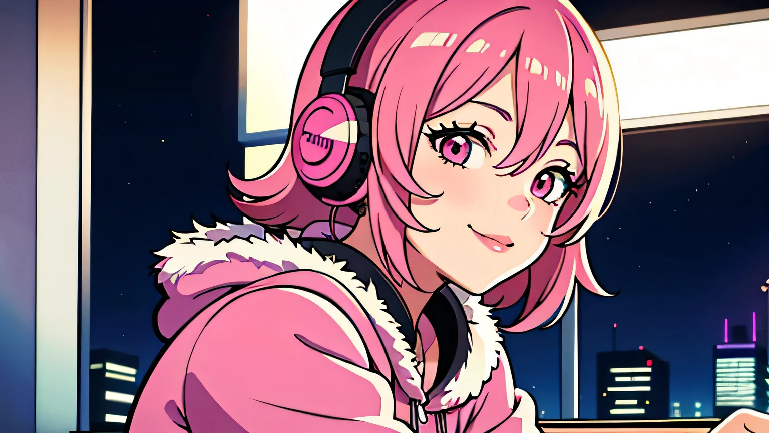 City Pop, girl, Pink Hair, alone, wearing headphones, study at home, midnight, light smile