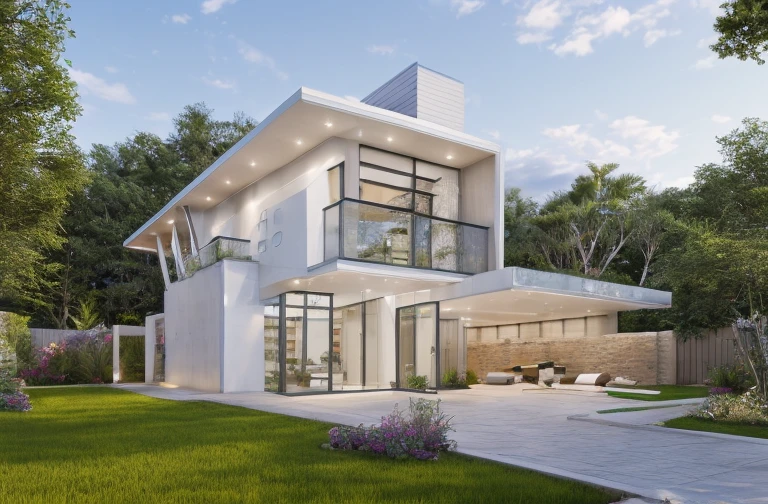 RAW photo,Masterpiece, high quality, best quality, authentic, super detail,
exterior, house style modern on the garden with white wall, glass windows, glass doors,stains, balcony, railing glass
clean line,modernism,Realistic reflexes,realistic light, beautiful summer sky, trees, grass
(day:1.1), vivid colour, vray