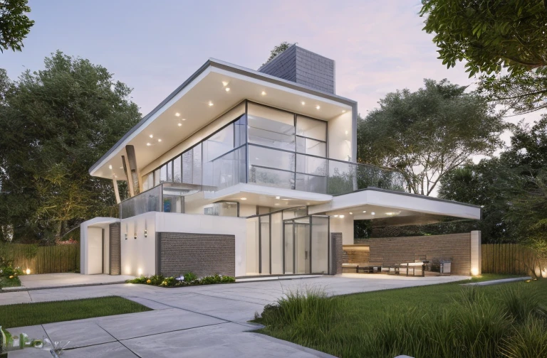RAW photo,Masterpiece, high quality, best quality, authentic, super detail,
exterior, house style modern on the garden with white wall, glass windows, glass doors,stains, balcony, railing glass
clean line,modernism,Realistic reflexes,realistic light, beautiful summer sky, trees, grass
(day:1.1), vivid colour, vray