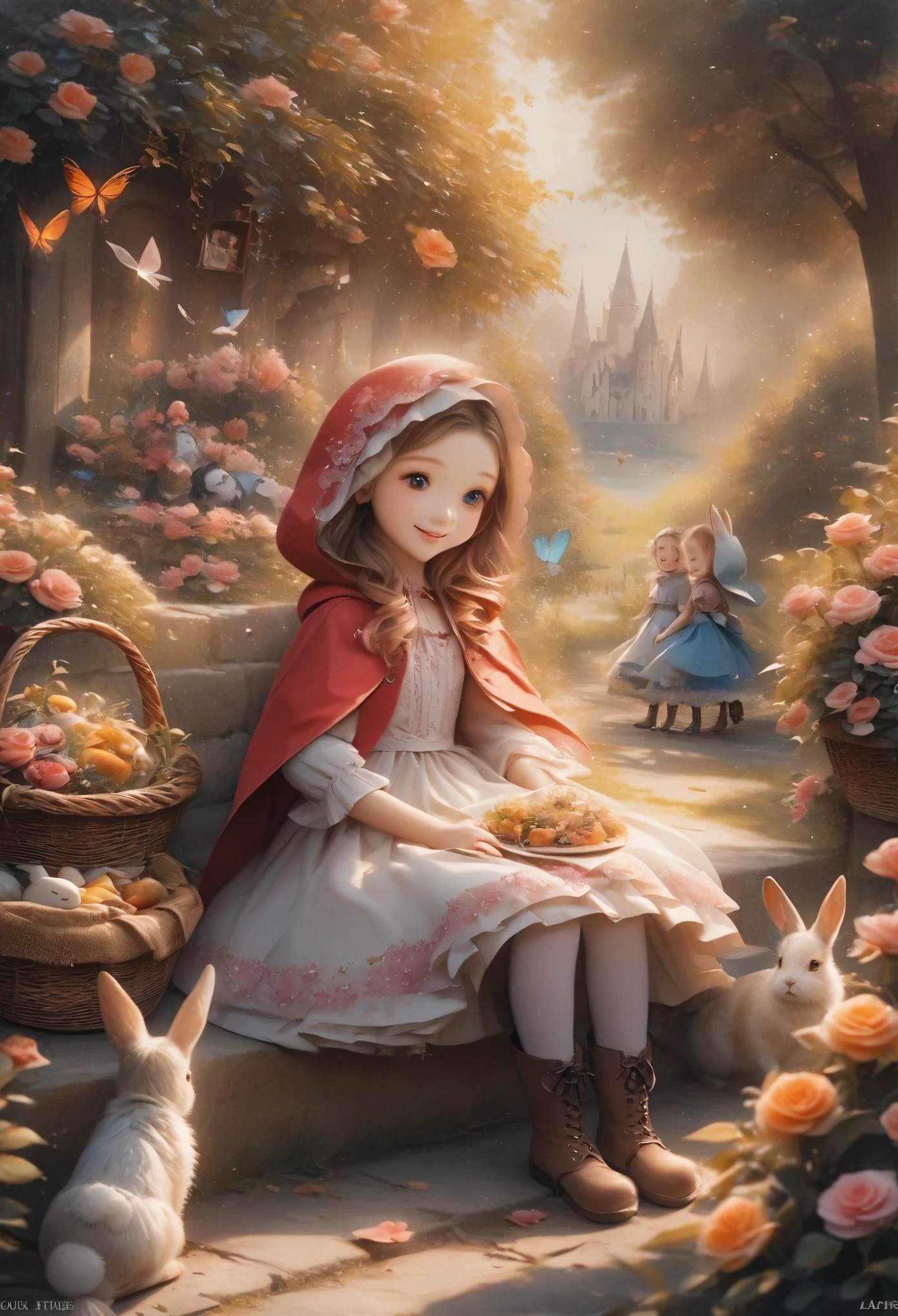 little red riding hood \(grimm\), flower, blonde hair, boots, blue eyes, butterfly, rose, rabbit, bug, pantyhose, pink rose, bird, long hair, sitting, french text, hood, english text, basket, wolf, multiple girls, tree, 1girl, smile, dress, food, pink flower, colors