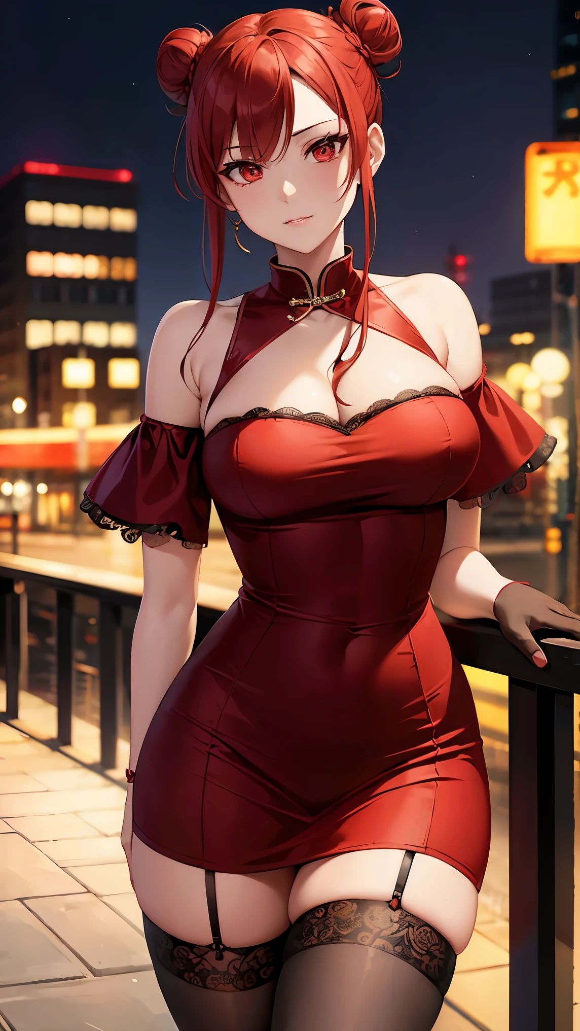 ((Best Quality)), ((masterpiece)), (detailed), 1 girl in a tight red dress, mini skirt, neckline wavy red hair, blue eyes, in an urban landscape at night, big breasts, white panties, ((view from below)),((view from behind))