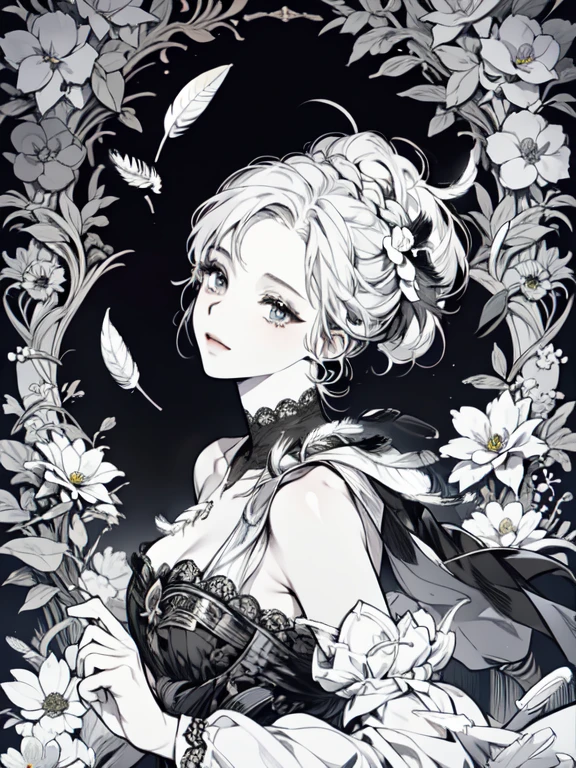 (masterpiece, top quality, best quality, official art, beautiful and aesthetic:1.2), (1girl:1.3), extremely detailed,(fractal art:1.1),(colorful:1.1)(flowers:1.3),highest detailed,(zentangle:1.2), (dynamic pose), (abstract background:1.3), (shiny skin), (many colors:1.4), (feathers:1.5), nsfw:1.5, cyber sttyle girl, 1girl, solo, short hair, in nightclub ,bar, bare shoulders, BREAK, rainbow hair,long hair, breasts out:2,portrait, (from above:1.2), medium breasts, beautiful breasts, monochrome, greyscale, midjourney, dancing pose