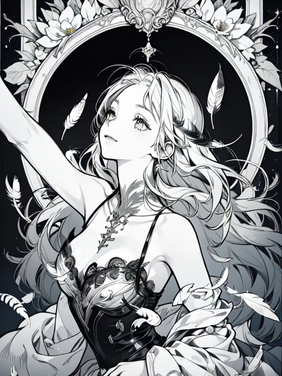 (masterpiece, top quality, best quality, official art, beautiful and aesthetic:1.2), (1girl:1.3), extremely detailed,(fractal art:1.1),(colorful:1.1)(flowers:1.3),highest detailed,(zentangle:1.2), (dynamic pose), (abstract background:1.3), (shiny skin), (many colors:1.4), (feathers:1.5), nsfw:1.5, cyber sttyle girl, 1girl, solo, short hair, in nightclub ,bar, bare shoulders, BREAK, rainbow hair,long hair, breasts out:2,portrait, (from above:1.2), medium breasts, beautiful breasts, monochrome, greyscale, midjourney, dancing pose