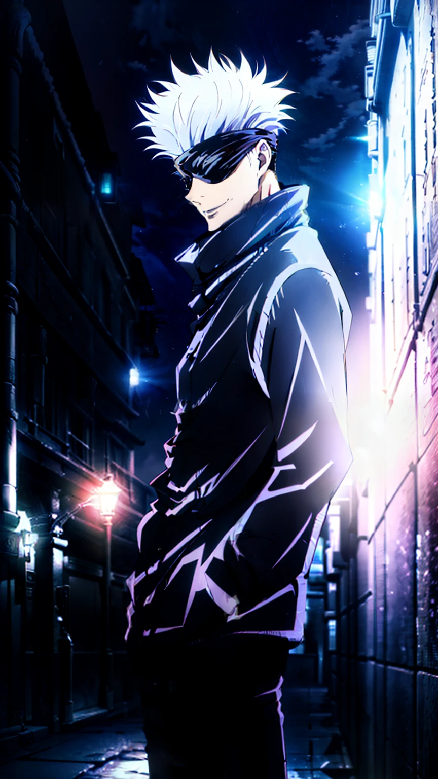 epic composition, city street, Japan, deserted street, the night, flashing in the background, Red and blue color, (tmasterpiece, beste-Qualit: 1.2), male focus, 1boy, Gojo Satoru, hands in pocket, blindfold, black jacket, (Masterpiece:1.3),(Best Quality:1.2),8K,absurdress,Unity 8K WallPapper,(Extremely detailed:1.3),supreme, hight resolution, Amazing, illustartion, Beautiful studio soft light, Stunningly beautiful, incredibly absurdres, Vivid details, Cinematic lighting, moody lighting, pixiv, Award-winning, Professional, Highly detailed, Gojo1, solo, looking a viewer, Smile, Short hair, 1boy, Standing, jacket, white colored hair, male focus,spiked hair, facing viewer, (red background:1.1), high collar, blindfold, (Magic:1.3), (aura:1.3), covered eyes,