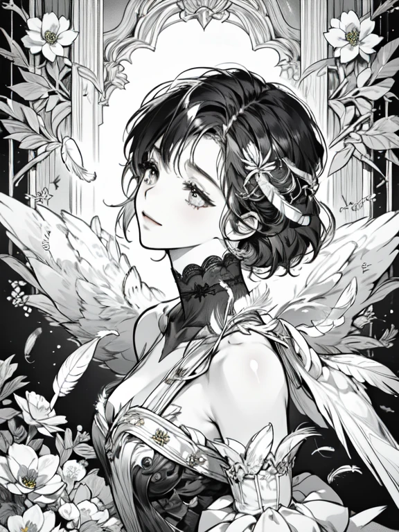 (masterpiece, top quality, best quality, official art, beautiful and aesthetic:1.2), (1girl:1.3), extremely detailed,(fractal art:1.1),(colorful:1.1)(flowers:1.3),highest detailed,(zentangle:1.2), (dynamic pose), (abstract background:1.3), (shiny skin), (many colors:1.4), (feathers:1.5), nsfw:1.5, cyber sttyle girl, 1girl, solo, short hair, in nightclub ,bar, bare shoulders, BREAK, rainbow hair,long hair, breasts out:2,portrait, (from above:1.2), medium breasts, beautiful breasts, monochrome, greyscale, midjourney, dancing pose