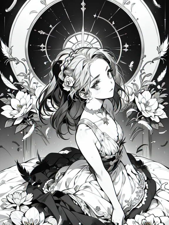 (masterpiece, top quality, best quality, official art, beautiful and aesthetic:1.2), (1girl:1.3), extremely detailed,(fractal art:1.1),(colorful:1.1)(flowers:1.3),highest detailed,(zentangle:1.2), (dynamic pose), (abstract background:1.3), (shiny skin), (many colors:1.4), (feathers:1.5), nsfw:1.5, cyber sttyle girl, 1girl, solo, short hair, in nightclub ,bar, bare shoulders, BREAK, rainbow hair,long hair, breasts out:2,portrait, (from above:1.2), medium breasts, beautiful breasts, monochrome, greyscale, midjourney, dancing pose
