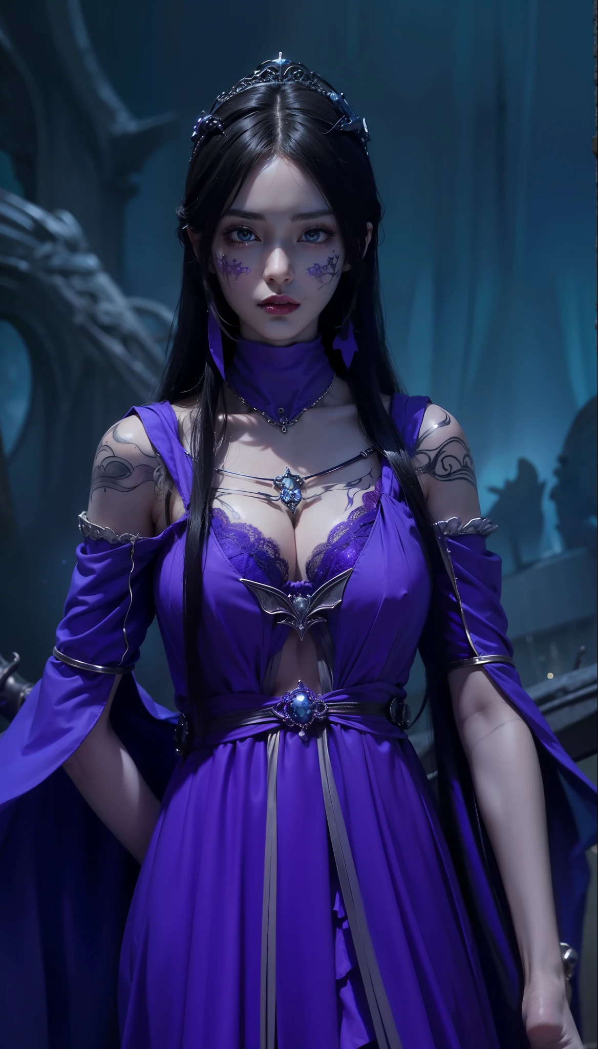 8K ultra hd, masterpiece, best quality, a beautiful girl, long hair, impressive hairstyle, royal hair jewelry, pretty cute face, flawless face, jewellery earrings, antique jewellery, details eyes, beautiful eyes, meticulous makeup, thin eyebrows, beautiful detailed lips, medium breasts, princess dress, purple dress, light purple laces, realistic colors, magic effect, night background, look directly at the audience.