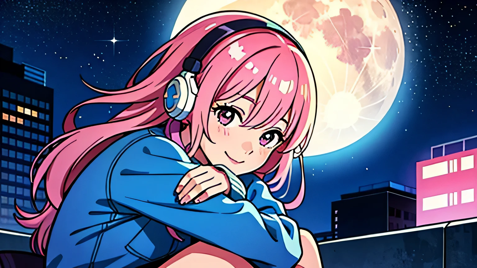 City Pop, girl, Pink Hair, alone, wearing headphones, look up , the starry sky, light smile, full moon, sit on the roof
