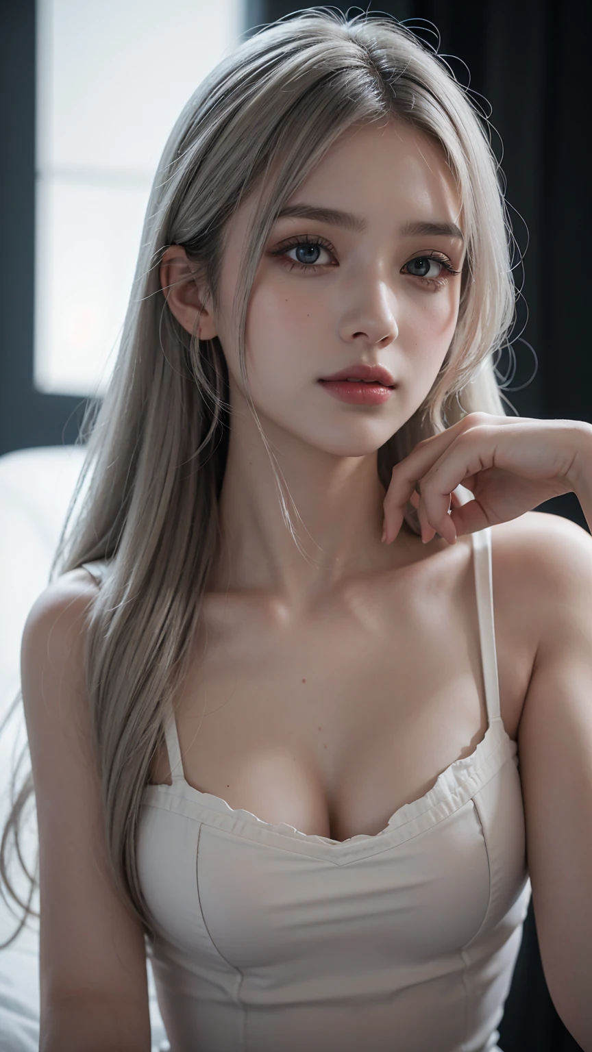 (RAW photo, best quality), (realistic, photo-realistic:1.3), very pale skin, Ultra Detailed Face, Detailed Lips, black lipstick, Fine Eyes, double eyelids, extremely delicate and beautiful, Amazing, finely detail, masterpiece, ultra-detailed, highres, best illustration, best shadow, intricate, depth of field, (closeup portrait of a young beautiful woman:1.2),long hair, ponytail, messy hair,((((low key,dark scene,dimly lit)))),(((soft lighting:1.4))),(pale skin:1.4),(shy smile),(cinematic angle),sharp focus, volumetric fog, 8k UHD, DSLR, high quality,( film grain:1.4), Fujifilm XT3,(looking at viewer), pale skin, ((masterpiece))、(((highest quality)))、photorealistic, Raw photography, An illustration、1 girl、Beautiful silver hair、white blond, Princess Cut、hair in eyes、Beautiful Eyes、Environmental Scene Change、Poses too、gorgeous princess dresagic、Shartaan Betarola、(Simple Background、Black background:1.3), depth of field, silky smooth skin, ultra realistic, extremely high resolution, highest detailed eyes and face, spot light, 14 year old, adorable, Revealing clothing、White clothes、Wrinkled tank top、Bare Chest, sheer