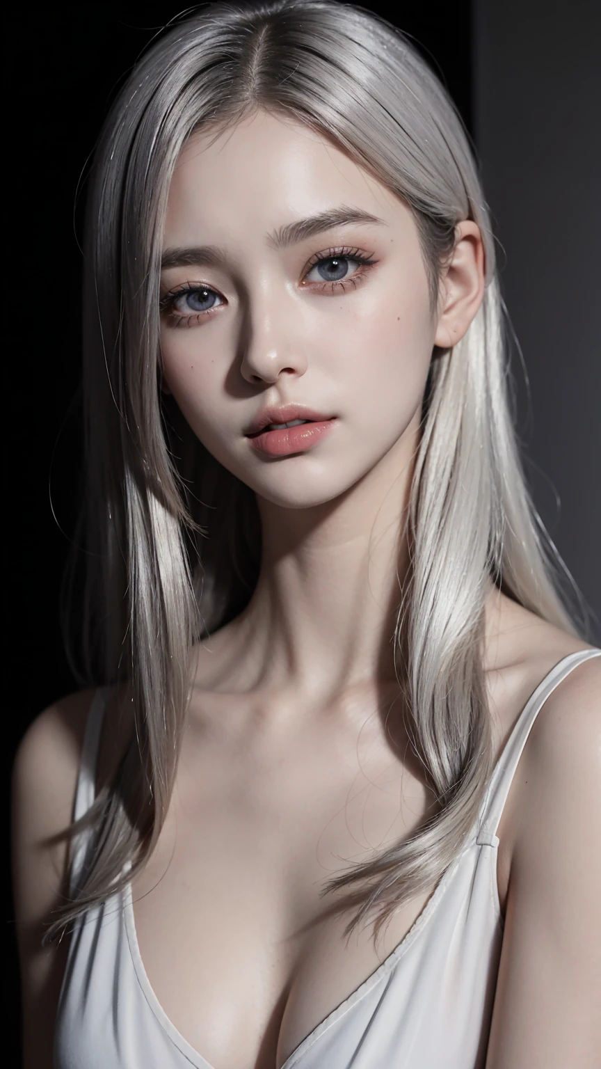 (RAW photo, best quality), (realistic, photo-realistic:1.3), very pale skin, Ultra Detailed Face, Detailed Lips, black lipstick, Fine Eyes, double eyelids, extremely delicate and beautiful, Amazing, finely detail, masterpiece, ultra-detailed, highres, best illustration, best shadow, intricate, depth of field, (closeup portrait of a young beautiful woman:1.2),long hair, ponytail, messy hair,((((low key,dark scene,dimly lit)))),(((soft lighting:1.4))),(pale skin:1.4),(shy smile),(cinematic angle),sharp focus, volumetric fog, 8k UHD, DSLR, high quality,( film grain:1.4), Fujifilm XT3,(looking at viewer), pale skin, ((masterpiece))、(((highest quality)))、photorealistic, Raw photography, An illustration、1 girl、Beautiful silver hair、white blond, Princess Cut、hair in eyes、Beautiful Eyes、Environmental Scene Change、Poses too、gorgeous princess dresagic、Shartaan Betarola、(Simple Background、Black background:1.3), depth of field, silky smooth skin, ultra realistic, extremely high resolution, highest detailed eyes and face, spot light, 14 year old, adorable, Revealing clothing、White clothes、Wrinkled tank top、Bare Chest, sheer